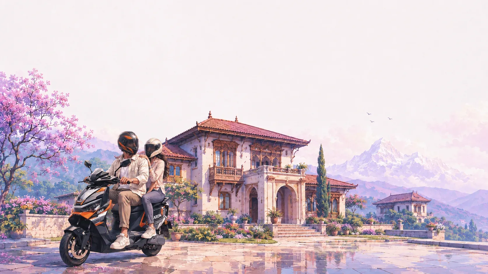 A couple riding a Garow electric scooter on the forecourt of a Newar-style residence, with the Himalaya behind